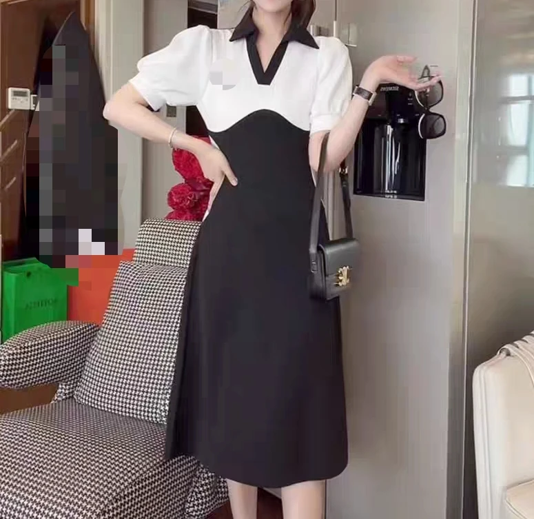 T1773法式甜美小清小众刺绣撞色拼接POLO领修身显瘦连衣裙