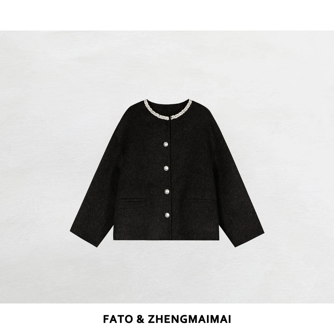 郑买买 香香小姐 秋冬新款气质显瘦百搭钉珠绵羊毛大衣 JH51007W1