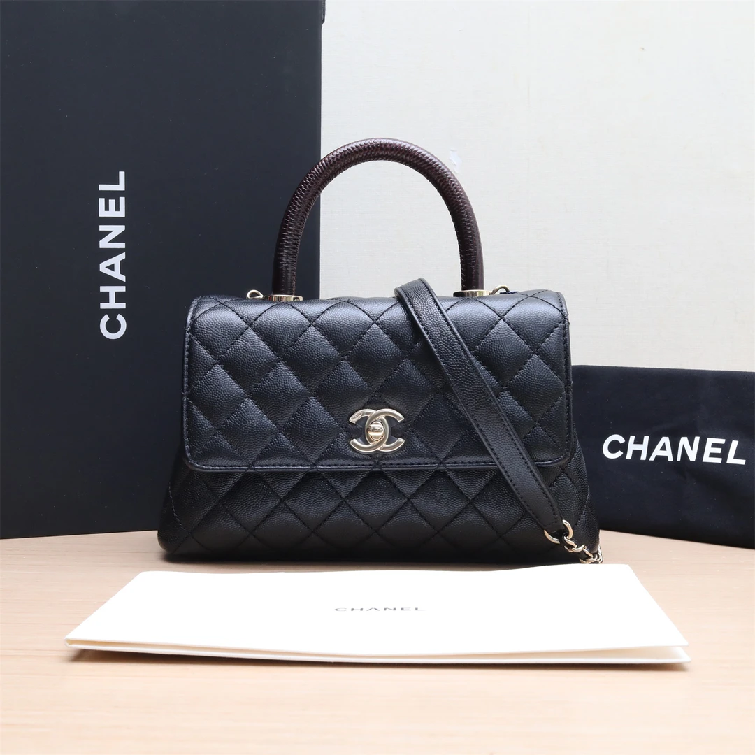 99新 Chanel/香奈儿 小花柳 Handle 小号 黑色 芯片开 蜥蜴压纹