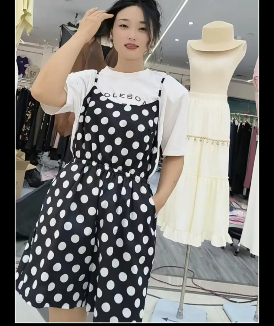 套装背带波点街头背带裤连体裤九分裤子百搭6253