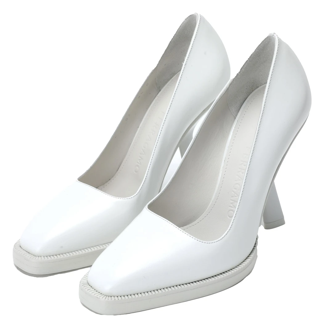 FERRAGAMO女士纯白色简约小方头气质高跟鞋0761055