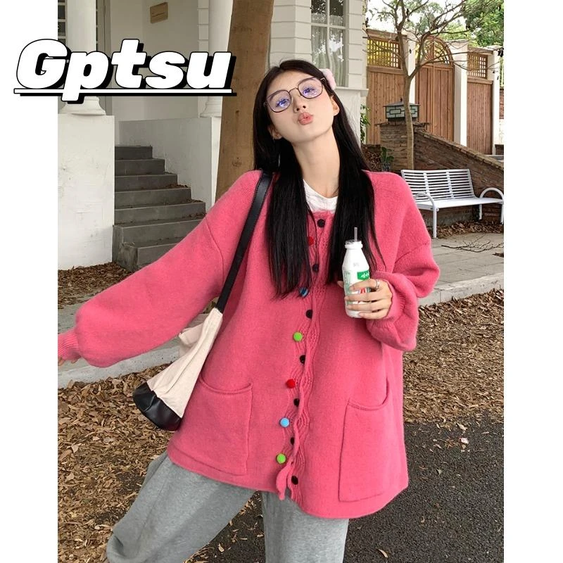 GPTSu甜美粉色毛衣外套女秋冬宽松慵懒风设计感彩色钩花针织开衫