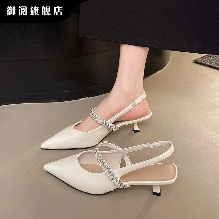 御阅气质法式小猫跟水钻包头女2025秋新款尖头细矮跟高跟鞋一字带