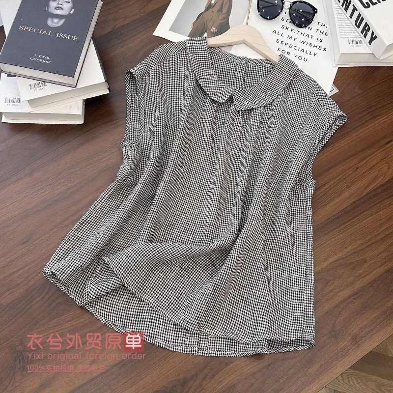 （日系亚麻小格小衫）33010夏季新款宽松显瘦通勤百搭无袖衬衣D