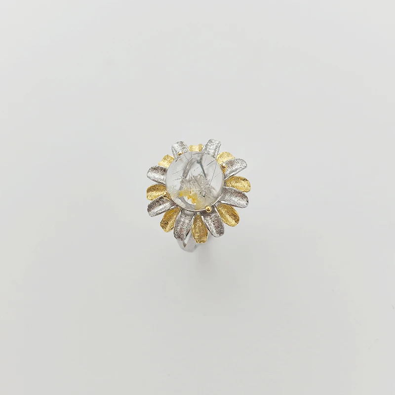 天然水晶 异象水晶碧玺发穿白幽灵太阳花 戒指开口式 S925银戒托