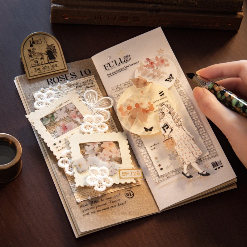 纸上咖啡馆tn手账本高颜值复古特种纸植物手工本口袋笔记本本子