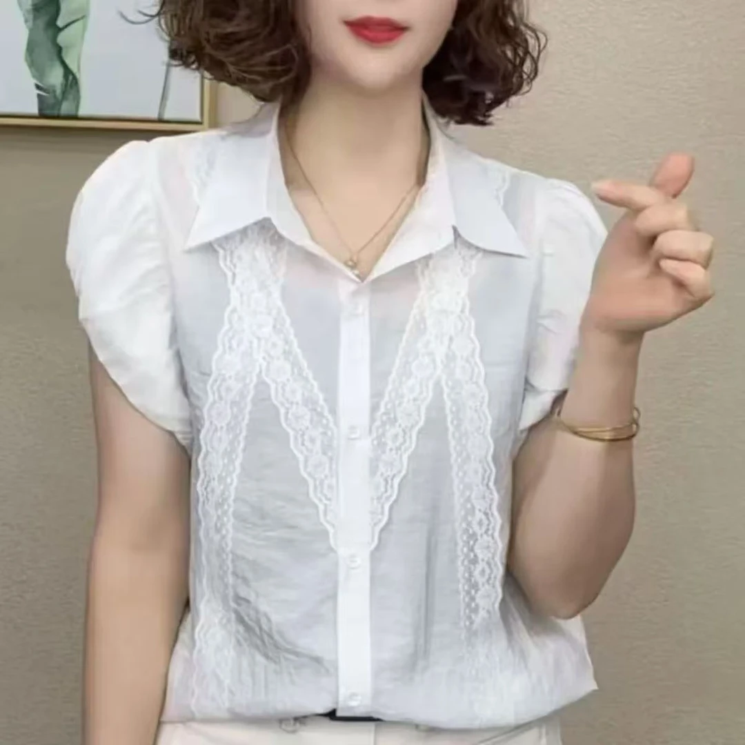 洋气百搭减龄显瘦气质女士短袖蕾丝花边套头衬衫