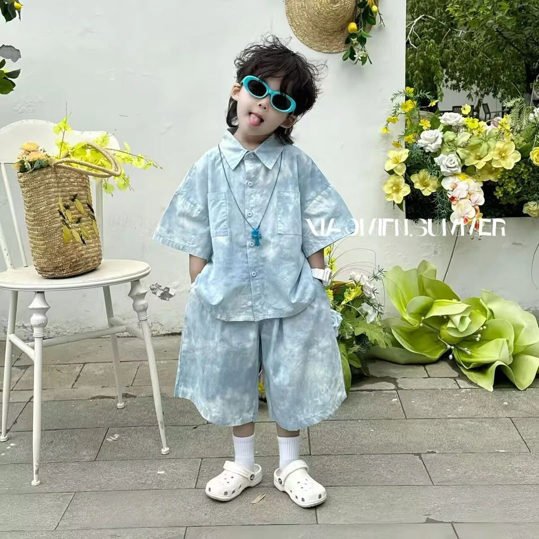 现货〃2025夏款套装扎染衬衫短袖韩版男童洋气潮童装儿童痞帅10106