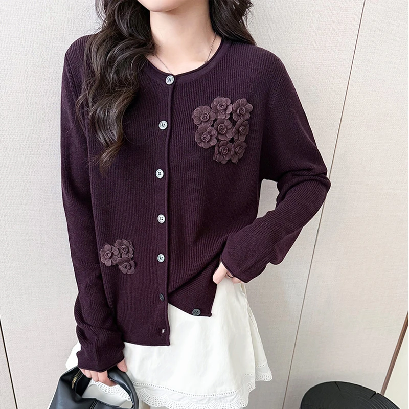 高端手工钩花针织衫女士2025秋冬季新款长袖气质百搭羊毛开衫毛衣