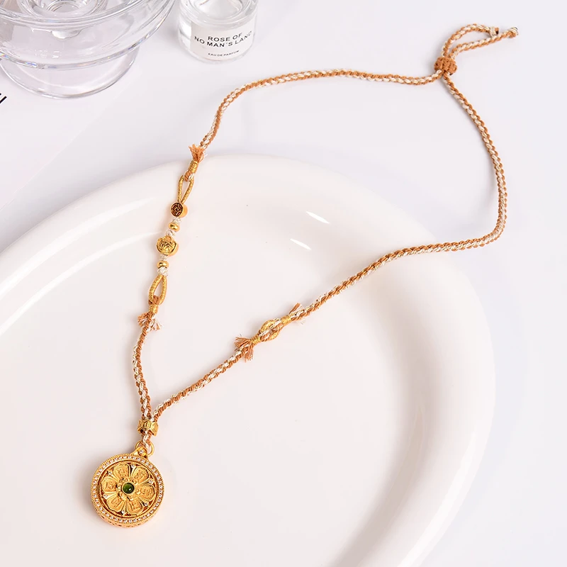 铜合金项链 精工版本可转动八宝罗盘项链女编织圆牌新中式配饰