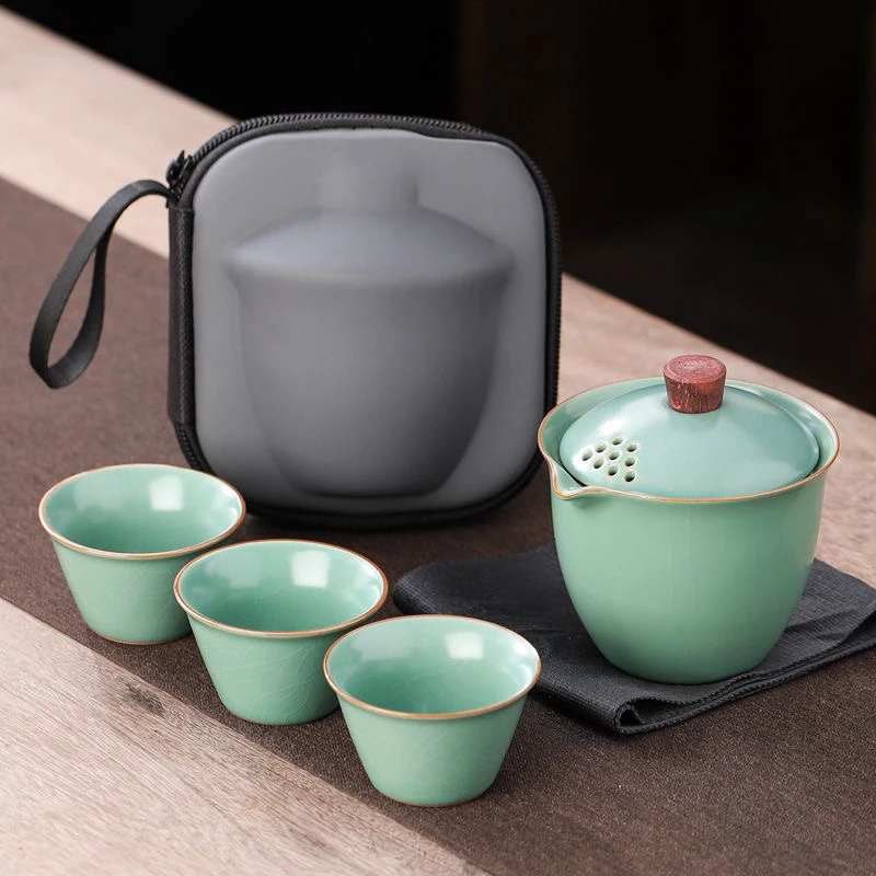 汝窑简约功夫客杯一壶套装三杯便携式户外旅行茶具家用泡茶茶壶