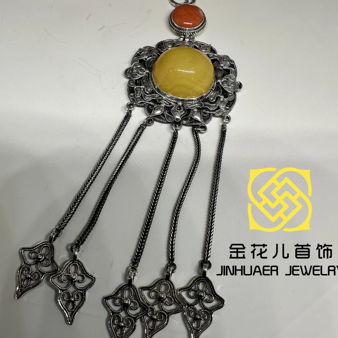 足银银制品 蒙古元素原创旭日蜜蜜足银胸挂手工百搭民族风复古