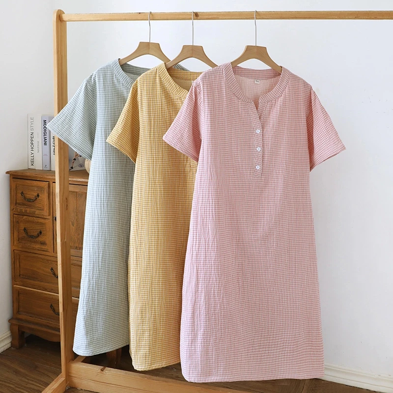 【温澜-睡裙】外贸纯棉双层纱家居服睡裙女士夏季休闲可外穿家居