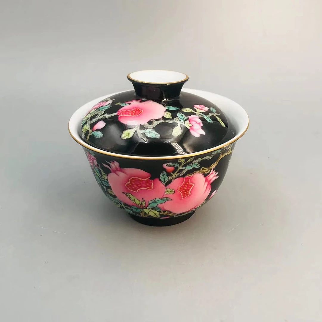 景德镇官方甄选 奉旨官窑 石榴黑地盖碗C041010