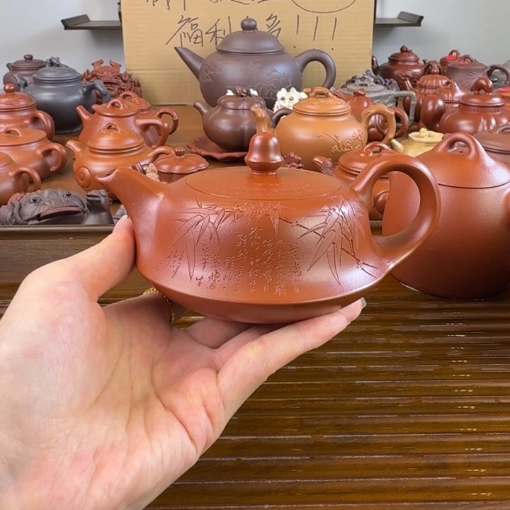 茶壶紫砂朱泥曲壶刻绘200毫升