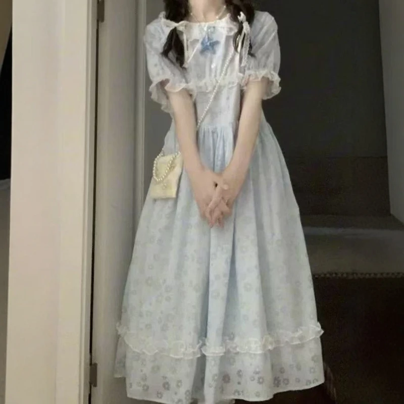 女大童连衣裙夏季法式甜美蓝色娃娃领初中生少女仙女裙过膝长裙