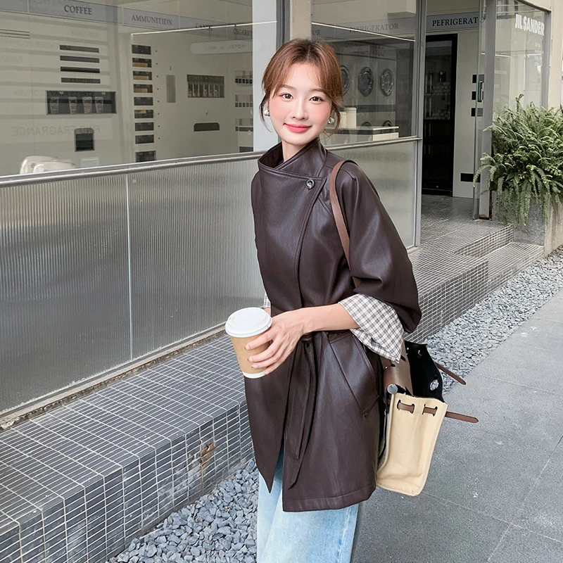 高级感蛋白皮风衣中长款外套女2025秋季巨好看的收腰机车皮衣大衣