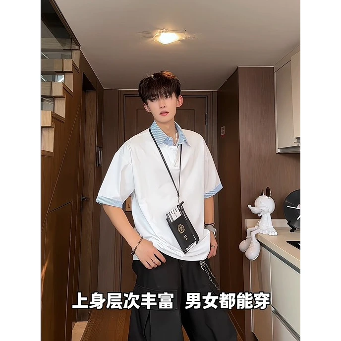 格子拼接假两件polo领短袖t恤男夏季美式学院风潮牌情侣五分中袖