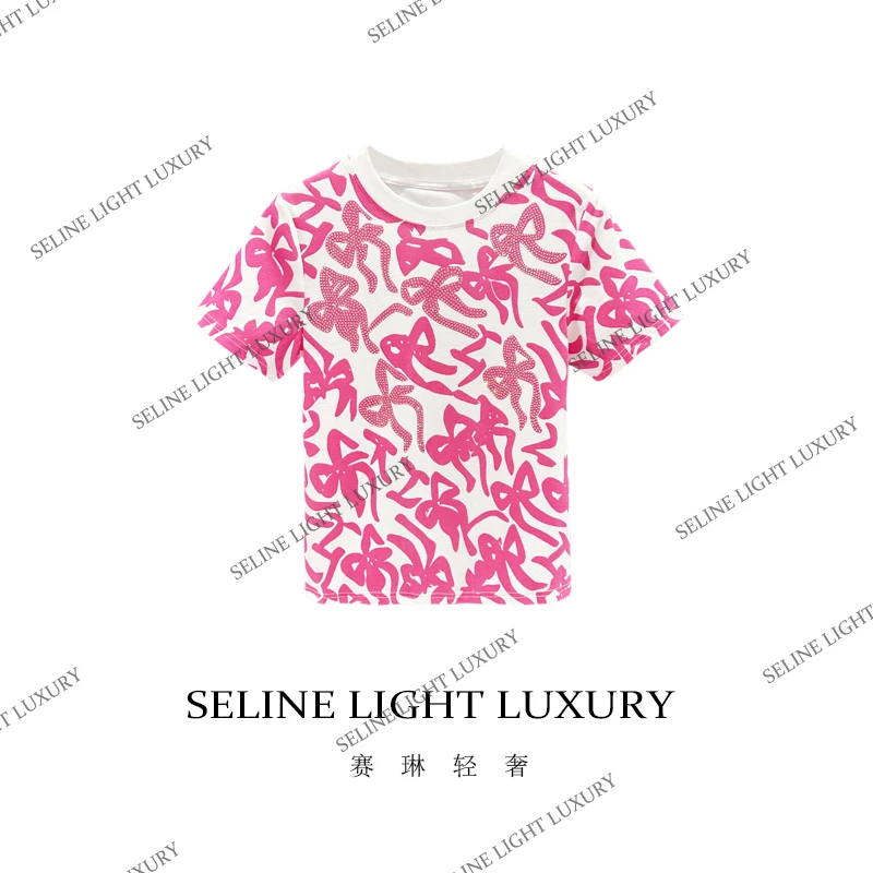 [25C-147] 太 2025 SELINE 原创蝴蝶结印花时尚轻奢百搭短袖T恤