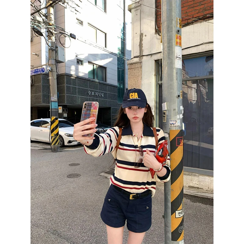 时尚学院风套装设计小众洋气休闲polo领长袖上衣高腰修身显瘦短裤