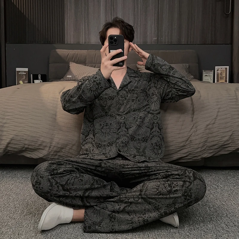 2025年新款男士睡衣春秋冬季锁温棉长袖长裤秋季轻奢风家居服套装