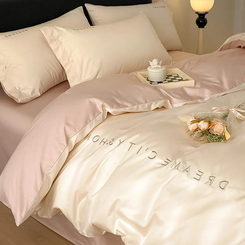 水星家纺适用轻奢60支长绒棉纯棉四件套全棉简约高级感被套床单床