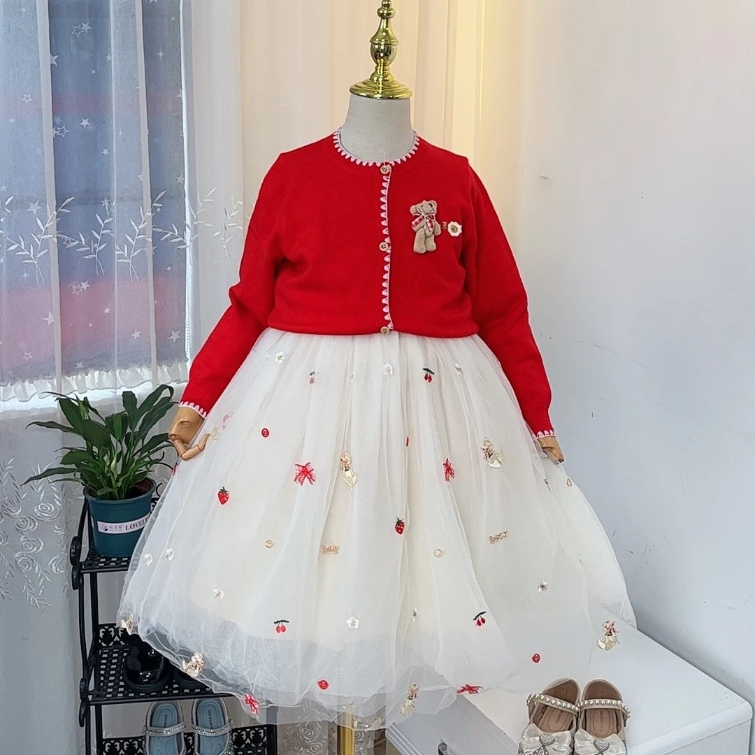 女童公主裙套装2025春款儿童毛衣开衫外套两件套红色小孩连衣裙子