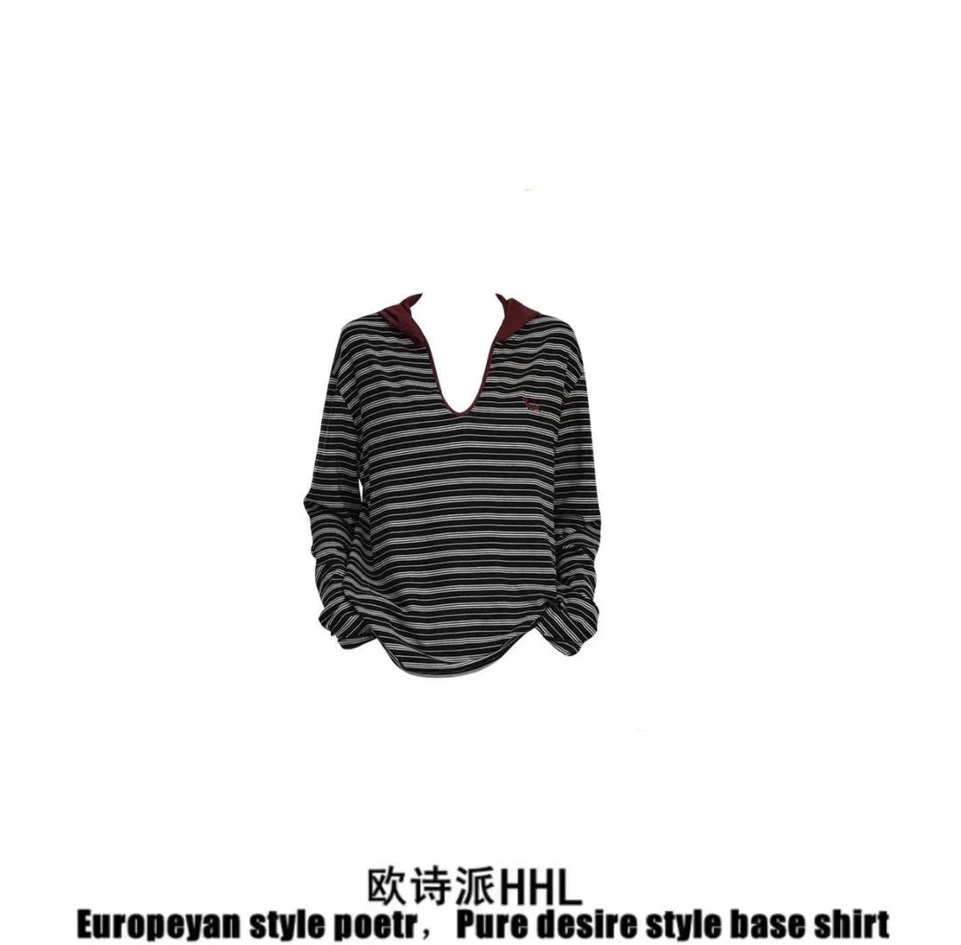 美式复古刺绣条纹V领连帽长袖t恤女早秋宽松学院风休闲百搭上衣服