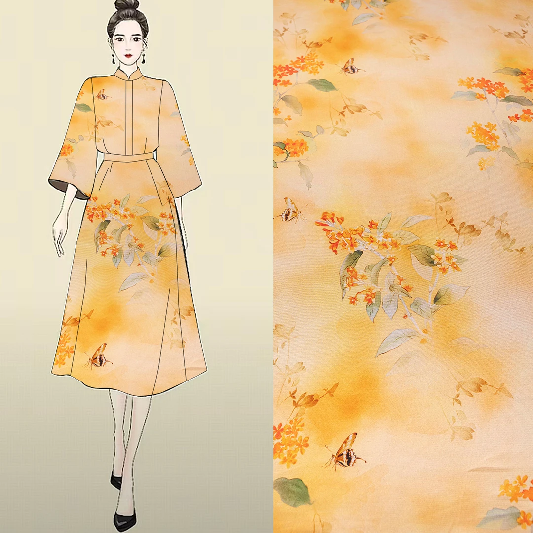 【蝴蝶迎桂】桑蚕丝香云纱国风高定面料源头工厂柔软亲肤手工diy