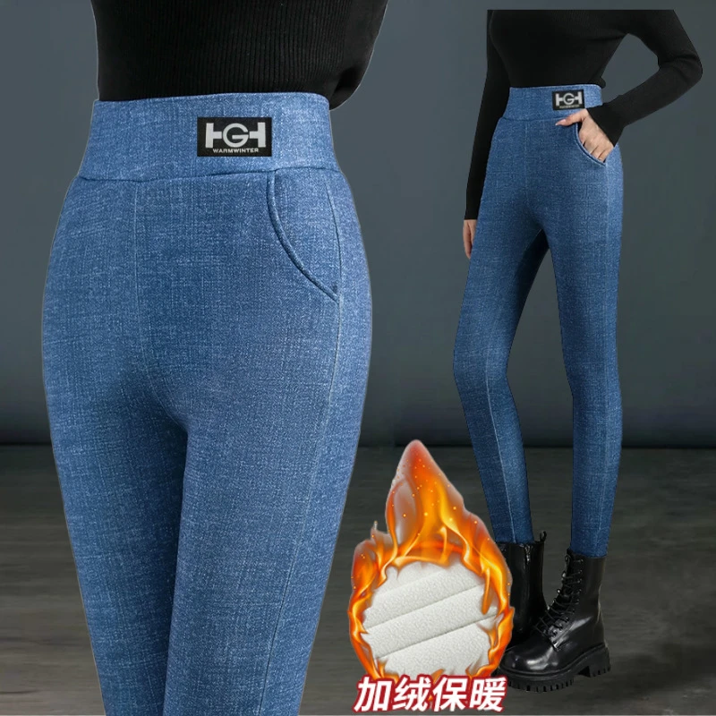 薄款加绒加厚HG羊羔绒口袋打底裤女秋冬高腰外穿修身铅笔裤