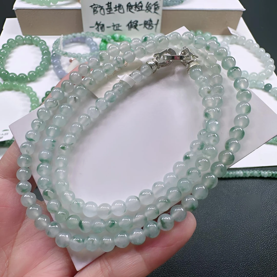 天然A货翡翠卡5mm高冰水润飘花圆珠时尚长链适合妈妈佩戴