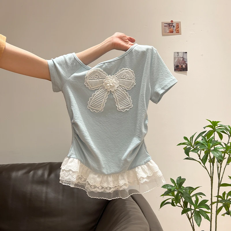 纯欲斜肩蕾丝下摆褶皱短袖T恤女2025夏季修身洋气露肩蝴蝶结上衣