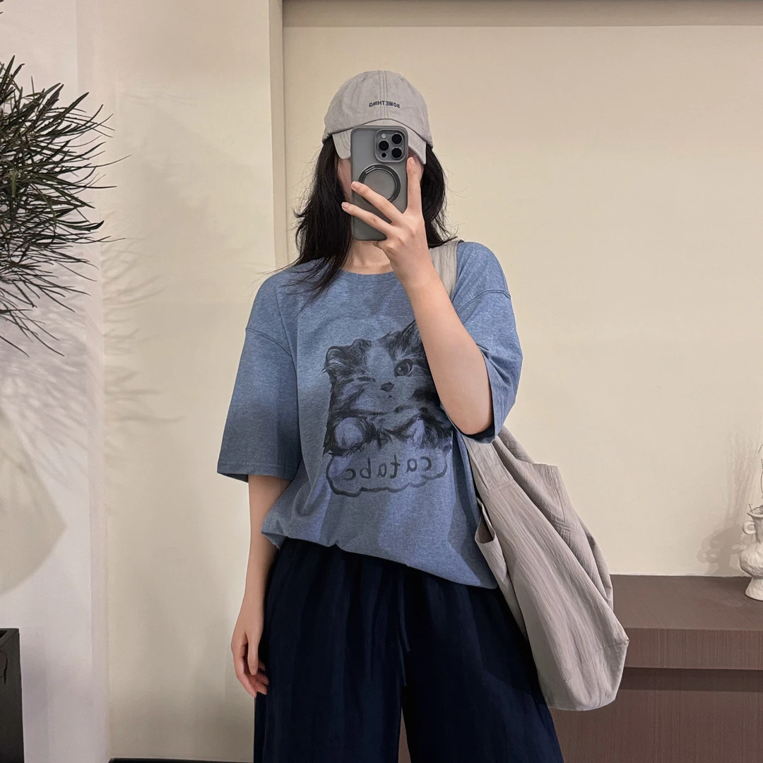 韩系ins时尚休闲百搭宽松大板圆领印花小猫T恤女-M25221307