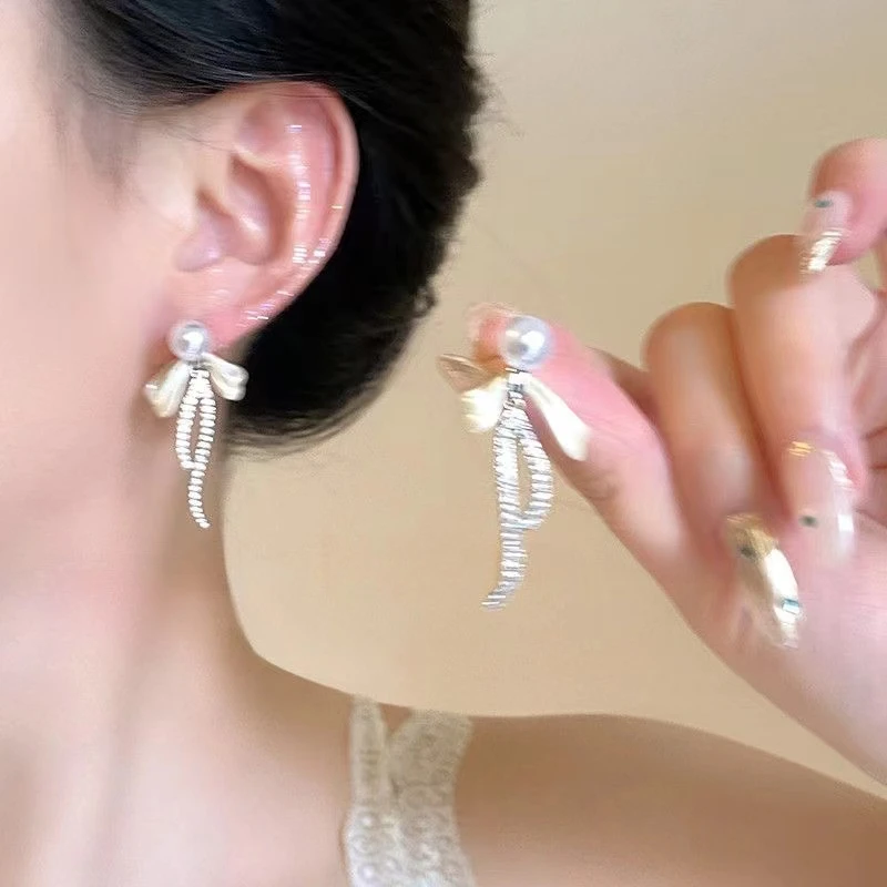 铜合金吊坠 【92】法式蝴蝶结耳环轻奢风高级耳钉复古珍珠耳饰饰品