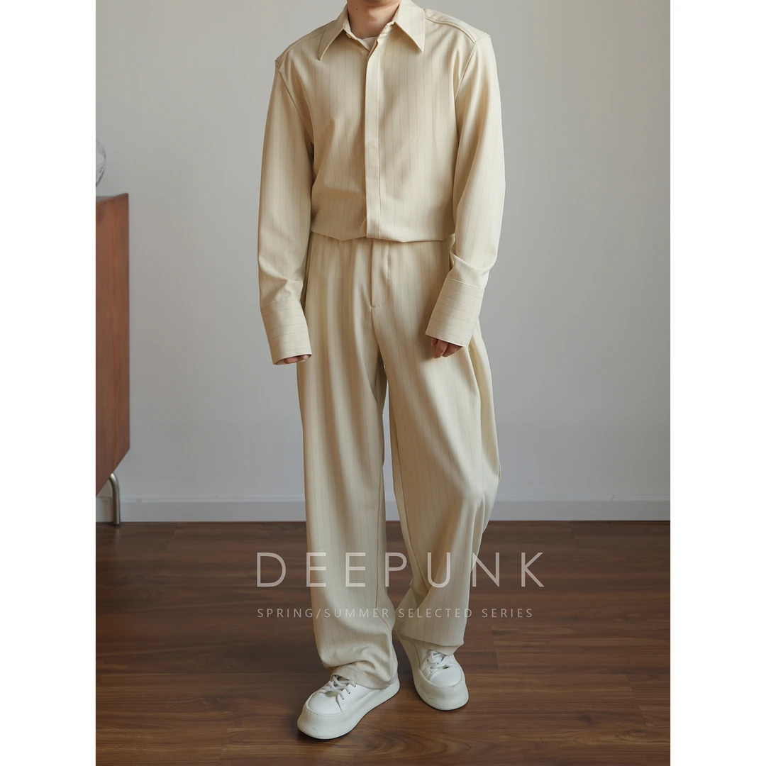 DEEPUNK春季男士时尚休闲宽松条纹衬衫夹克阔腿长裤套装 4075