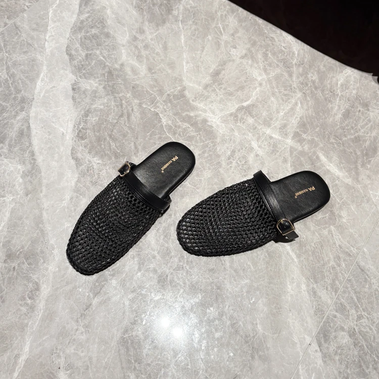 欧洲站~镂空渔网布平跟外穿包头拖女2025夏新款平底半拖ins风拖鞋