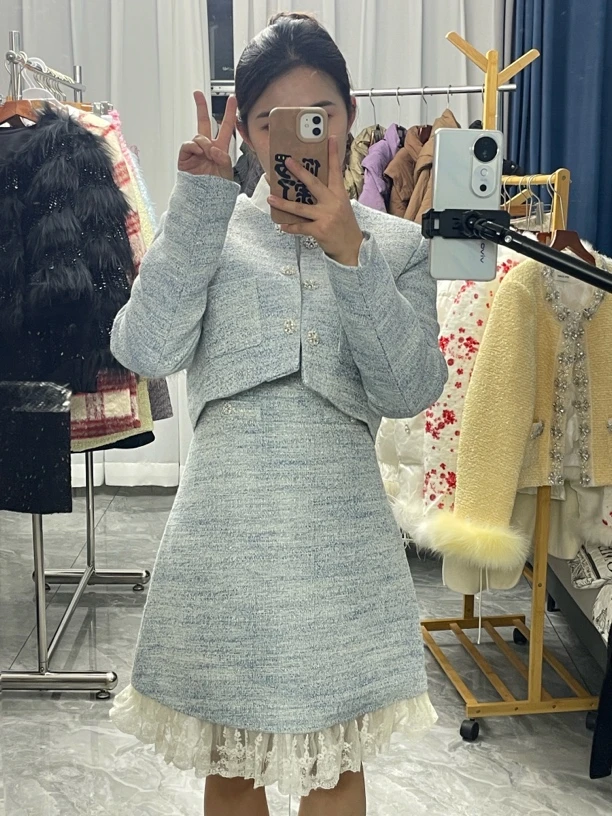 新疆发货！法式小香风时尚套装套装短裙编织粗花呢女装短款毛呢