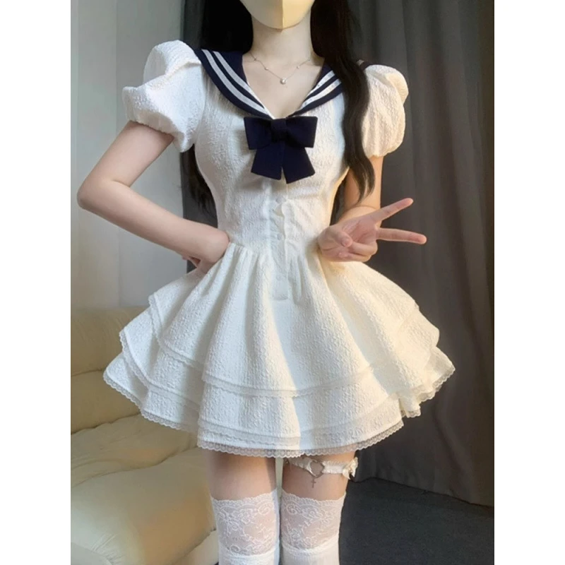 学院海军领小个子白色连衣裙女夏季蓬蓬公主裙纯欲风收腰初恋短裙