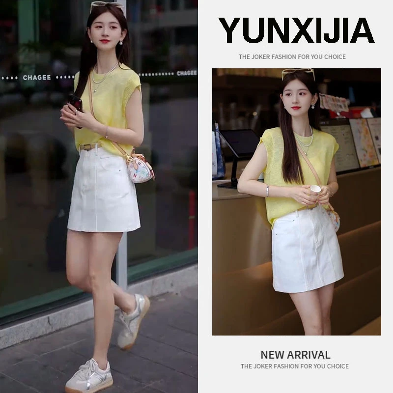2025夏季穿搭一整套新款韩版简约气质百搭上衣高腰休闲短裙两件套