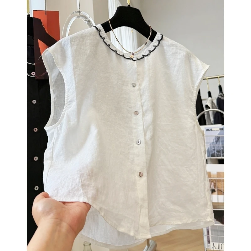 韩系超好看的无袖圆领衬衫女夏季亚麻薄款马甲背心外穿上衣小衫新