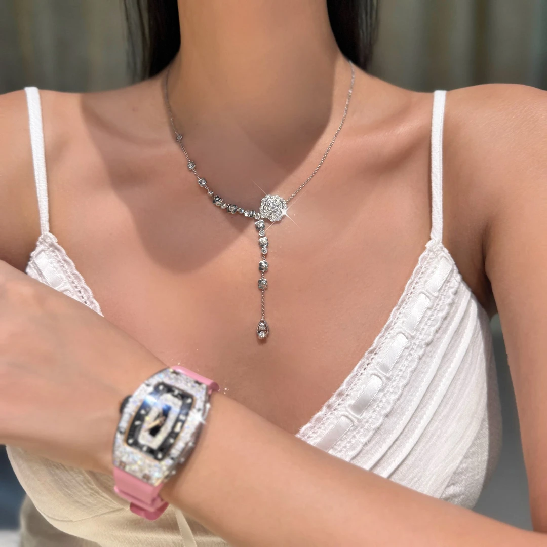 QANNA【超大号】【满钻流苏山茶花】轻奢高级时尚名媛风钻石项链AY