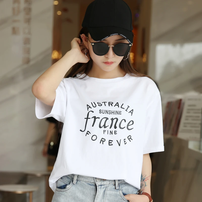 纯棉时尚溜肩宽松大版印花圆领短袖T恤慵懒风百搭上衣