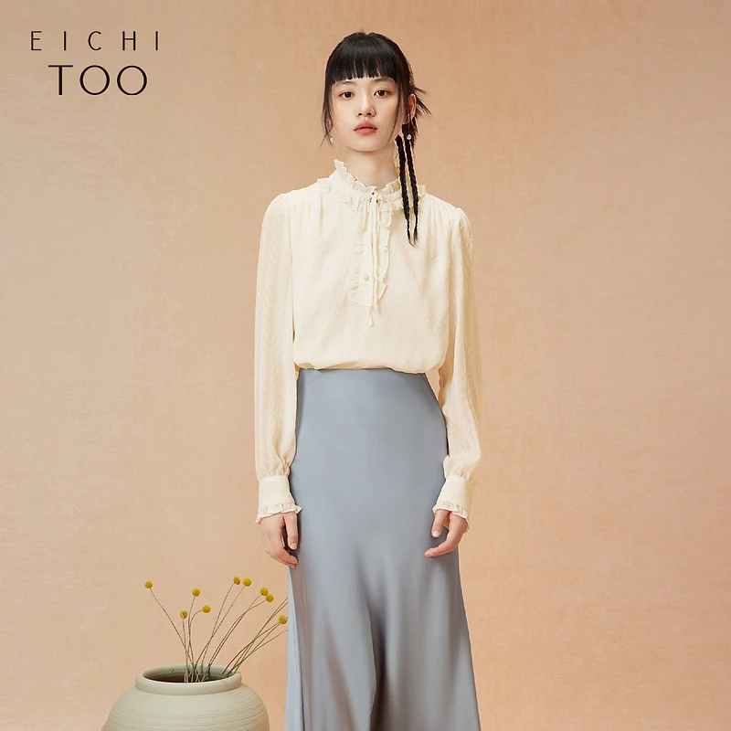 B爱居兔新款肌理感木耳边淑女风长袖雪纺衫ENSAJ3P002A