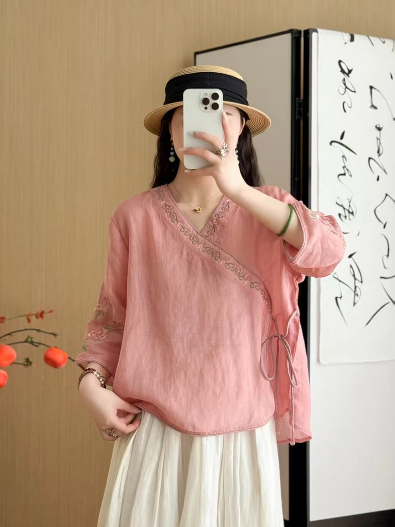 苎麻上衣襟夏季新款民族复古文艺宽松刺绣茶服