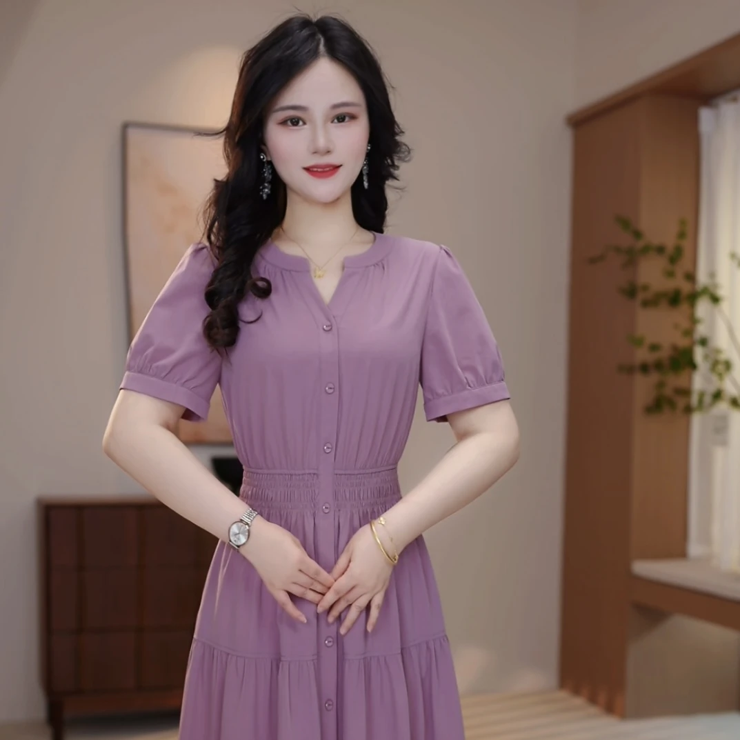 【XY-132】夏季短袖连衣裙优雅气质时尚减龄收腰显瘦