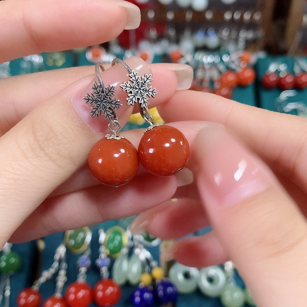 玛瑙/玉髓耳饰银S925镶嵌中*心卡12左右