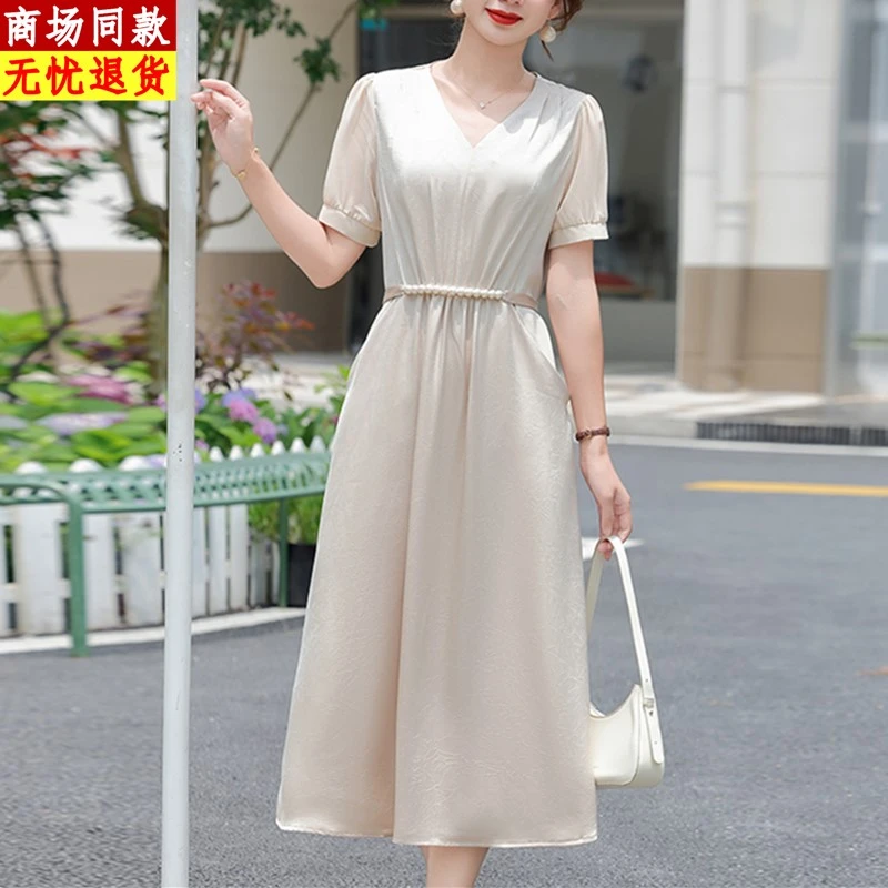 母亲节妈妈装重磅真丝V领连衣裙中老年女夏季纯色桑蚕丝宽松长裙