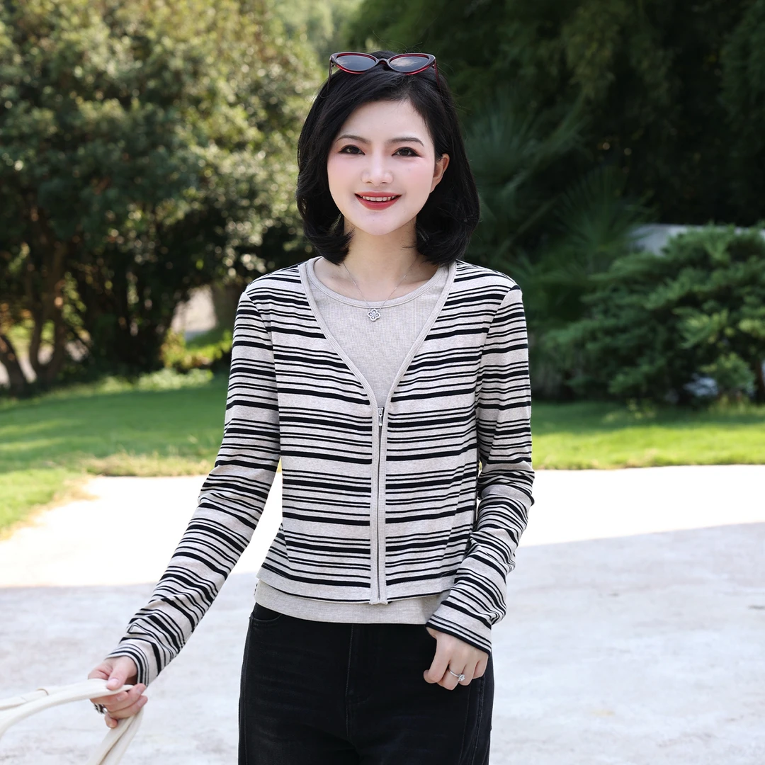 【假两件针织衫】枫竺阿楠anan圆领撞色条纹拉链针织衫女秋叠穿上衣