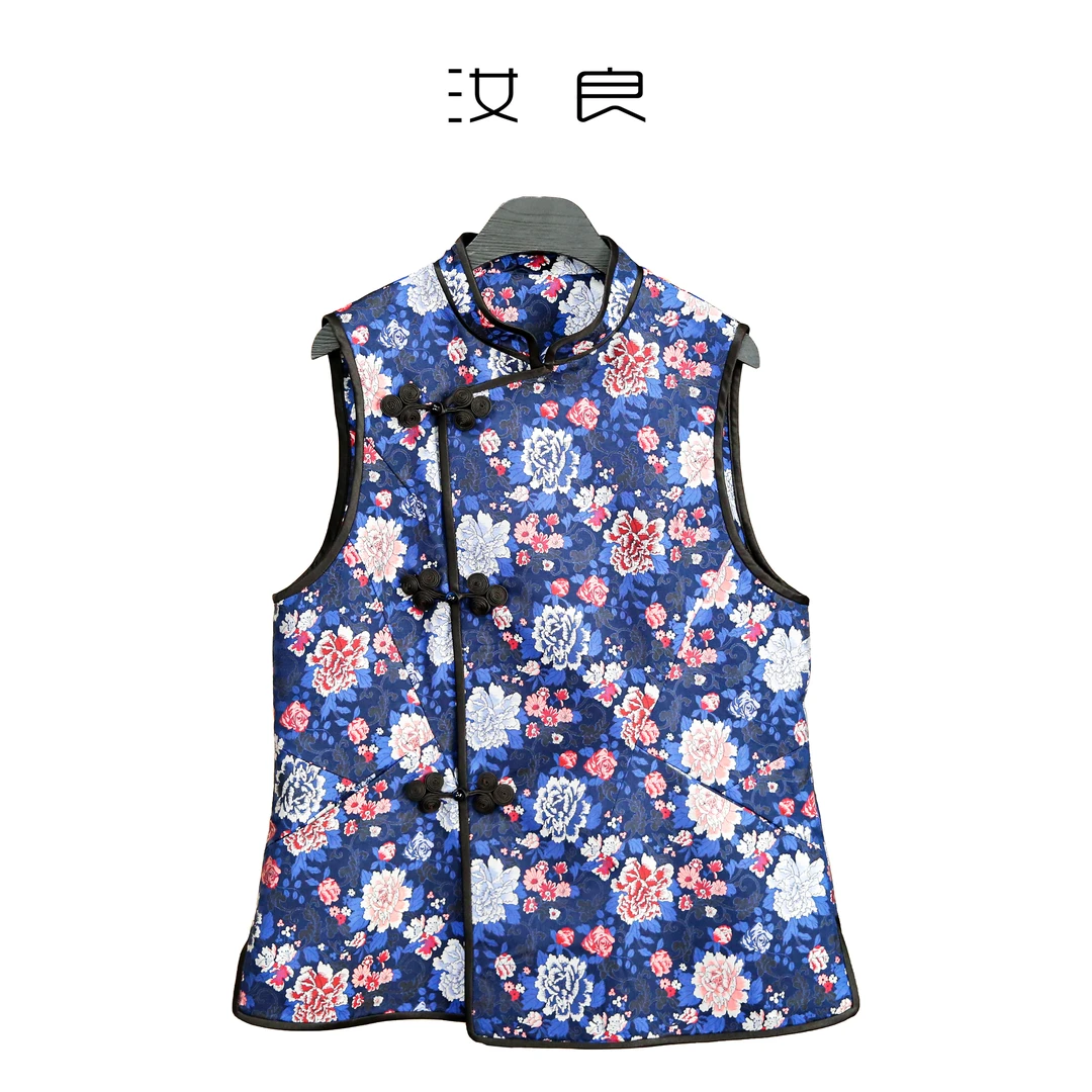 藏蓝色牡丹花宋锦花扣马甲