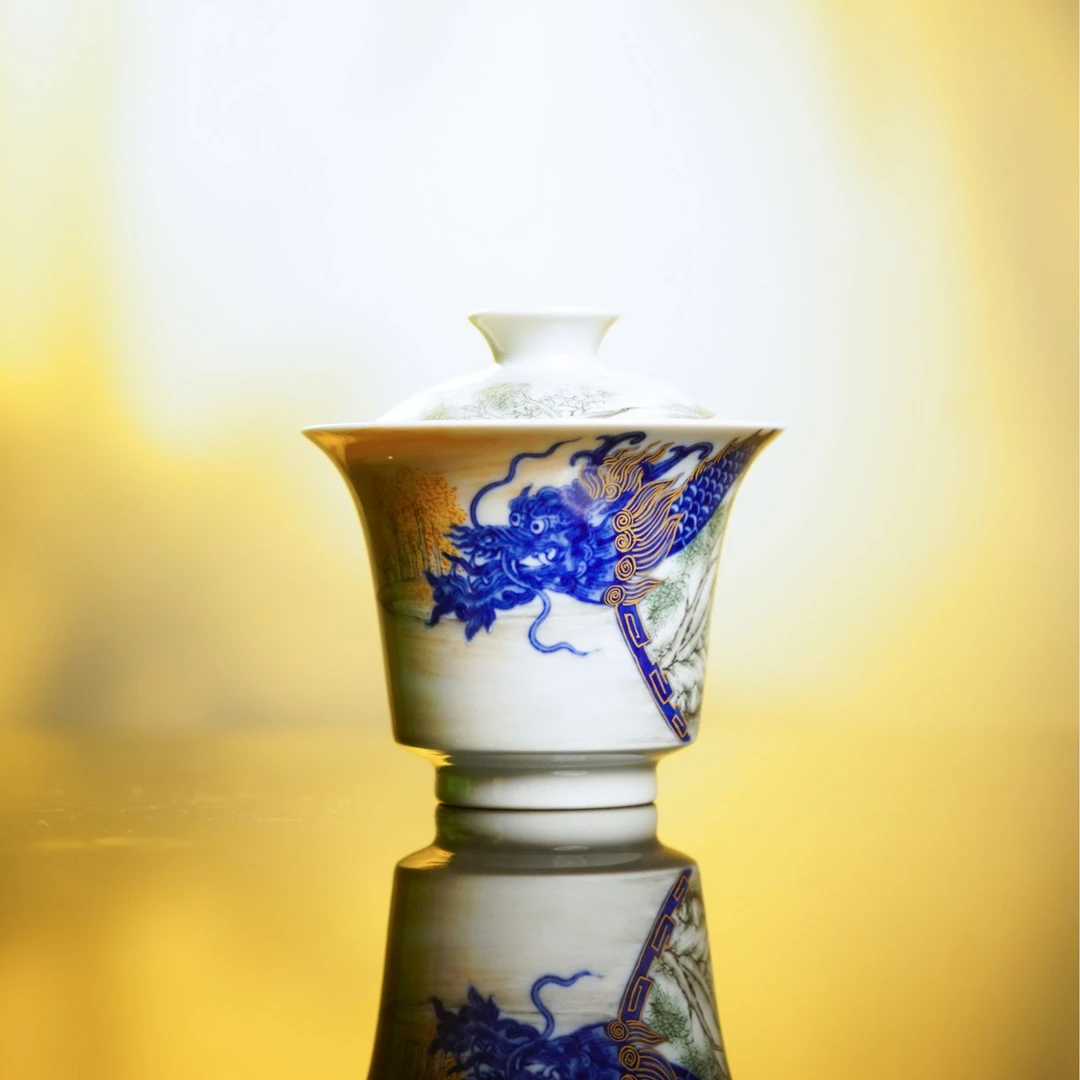 鹤鸣问道  【镜花缘】龙纹青花矾红盖碗  景德镇茶器品茗纯手工银